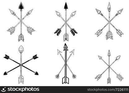Set of illustrations of ancient crossed arrows of native americans in engraving style. Design element for poster, label, sign, emblem, menu. Vector illustration