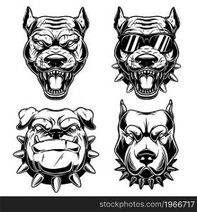 Set of Illustrations of angry dog heads in monochrome style. Design element for logo, emblem, sign, poster, card, banner. Vector illustration