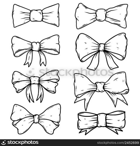 Set of illustrations of bow knot in engraving style. Design element for poster, card, banner, sign. Vector illustration