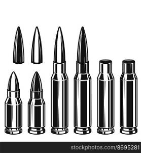 Set of Illustrations of bullets and cartridges in vintage monochrome style. Design element for logo, label, sign, emblem, poster. Vector illustration