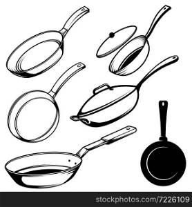 Set of illustrations of cooking pans in engraving style. Design element for poster, label, sign, emblem, menu. Vector illustration