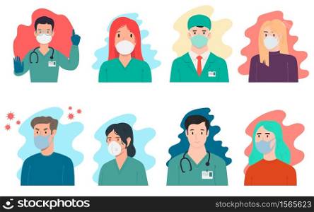 Set of Illustrations of doctors with antivirus protection, medical masks and protective glasses. Design element for poster, label, sign, emblem, infographic. Vector illustration