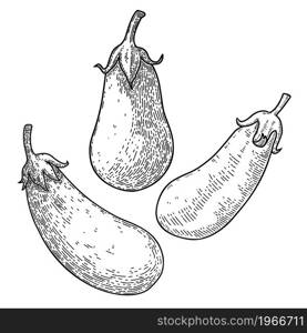 Set of Illustrations of eggplant in engraving style. Design element for poster, card, banner, menu. Vector illustration