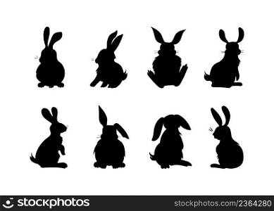 Set of illustrations of fluffy rabbits, hares. Bunnies in various poses. Hand-drawn silhouettes with black color fill. Artistic symbolic clip art made in simple lines, for prints. Fluffy rabbits silhouettes, hand drawn image set
