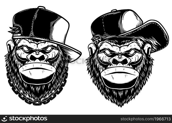 Set of Illustrations of head of angry gorilla with baseball cap and sunglasses in vintage monochrome style. Design element for logo, emblem, sign, poster, card, banner. Vector illustration