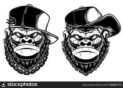 Set of Illustrations of head of angry gorilla with baseball cap and sunglasses in vintage monochrome style. Design element for logo, emblem, sign, poster, card, banner. Vector illustration