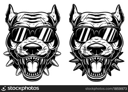 Set of Illustrations of head of angry pitbull in sunglasses in vintage monochrome style. Design element for logo, emblem, sign, poster, card, banner. Vector illustration