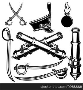 Set of illustrations of hussar weapon. Sabers, cannons. Design element for emblem, logo, label, sign. Vector illustration