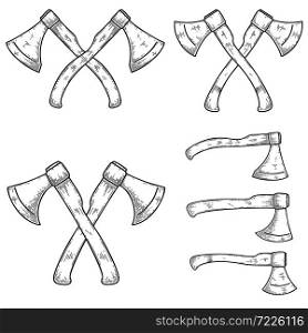 Set of illustrations of lumberjack axes in engraving style. Design element for poster, label, sign, emblem, t shirt. Vector illustration
