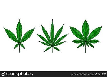 Set of Illustrations of marijuana leaf in engraving style. Design element for poster, card, banner, sign. Vector illustration