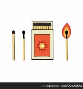 Set of illustrations of matchboxes and matches. Vector drawing in Doodle style.