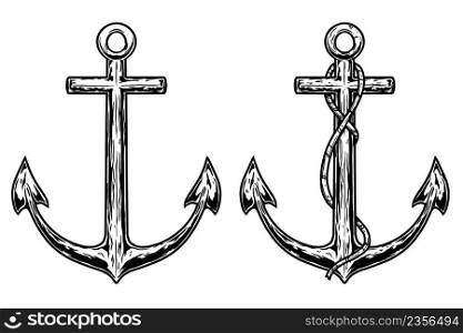 Set of Illustrations of retro anchors in engraving style. Design element for emblem, sign, poster, card, banner, flyer. Vector illustration