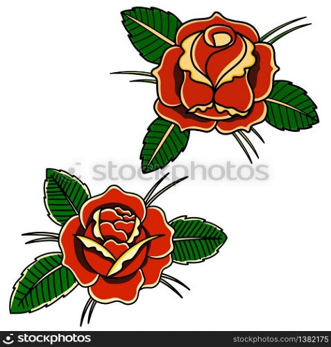 Set of illustrations of roses in old school tattoo style. Design element for logo, label, sign, emblem, poster. Vector illustration