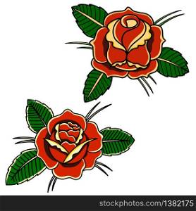 Set of illustrations of roses in old school tattoo style. Design element for logo, label, sign, emblem, poster. Vector illustration