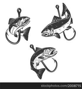 Set of Illustrations of salmon and fishing hook. Design element for poster,card, banner, sign, emblem. Vector illustration