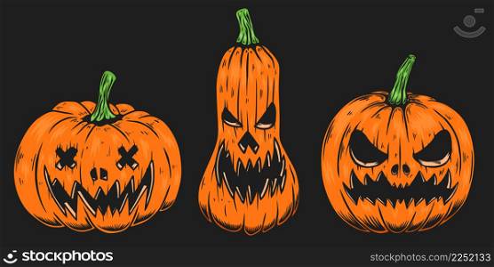 Set of Illustrations of scary halloween pumpkin. Design element for poster,card, banner, sign, emblem. Vector illustration