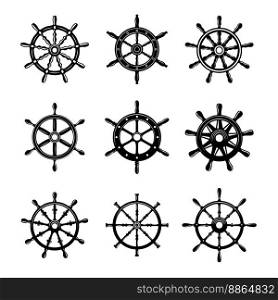 Set of illustrations of ship wheel. Design element for logo, label, sign, emblem, poster. Vector illustration