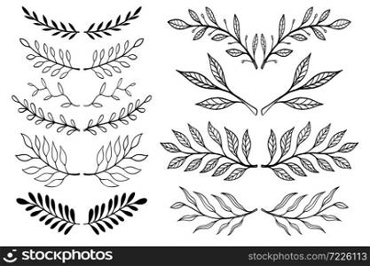 Set of Illustrations of vintage hand drawn floral design elements. Design element for logo, label, sign, poster, t shirt. Vector illustration