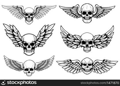 Set of illustrations of winged skull isolated on white background. Design element for poster, card, banner, sign. Vector illustration