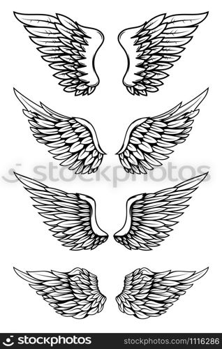 Set of illustrations of wings in tattoo style isolated on white background. Design element for logo, label, badge, sign. Vector illustration