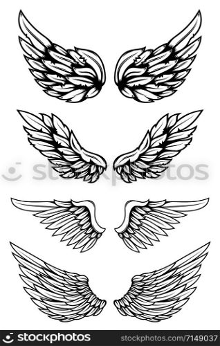 Set of illustrations of wings in tattoo style isolated on white background. Design element for logo, label, badge, sign. Vector illustration