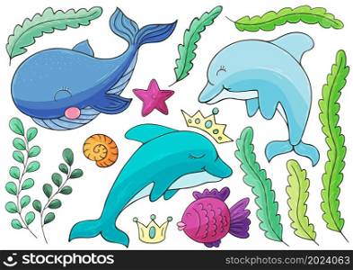 Set of illustrations on the marine theme. Dolphins and seaweed in hand draw style. Collection of vector illustrations for your design. Sign, sticker, pin. Set of illustrations on the marine theme