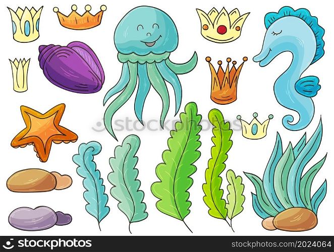 Set of illustrations on the marine theme. Jellyfish, seahorse and seaweed in hand draw style. Collection of vector illustrations for your design. Sign, sticker, pin. Set of illustrations on the marine theme