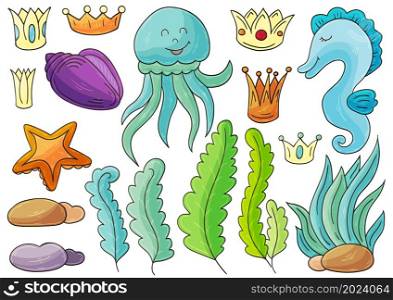 Set of illustrations on the marine theme. Jellyfish, seahorse and seaweed in hand draw style. Collection of vector illustrations for your design. Sign, sticker, pin. Set of illustrations on the marine theme