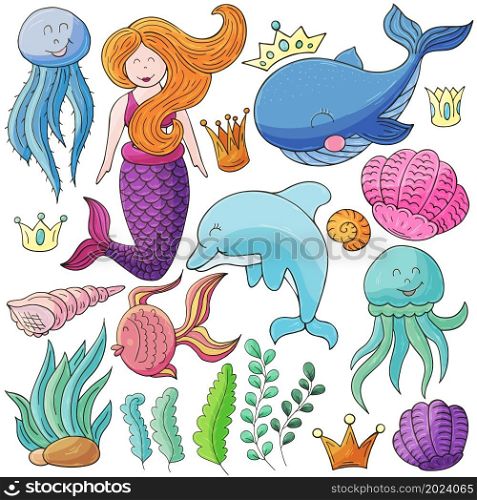 Set of illustrations on the marine theme. Mermaids and sea elements in hand draw style. Collection of vector illustrations for your design. Set of illustrations on the marine theme