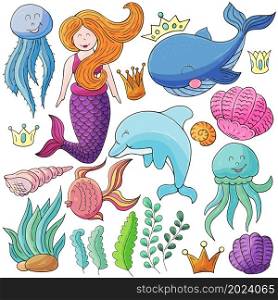 Set of illustrations on the marine theme. Mermaids and sea elements in hand draw style. Collection of vector illustrations for your design. Set of illustrations on the marine theme