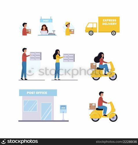 Set of illustrations on the subject of delivery of letters and orders. People send emails through their mailbox. Post office and Express delivery by courier. Vector flat man.