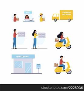 Set of illustrations on the subject of delivery of letters and orders. People send emails through their mailbox. Post office and Express delivery by courier. Vector flat man.