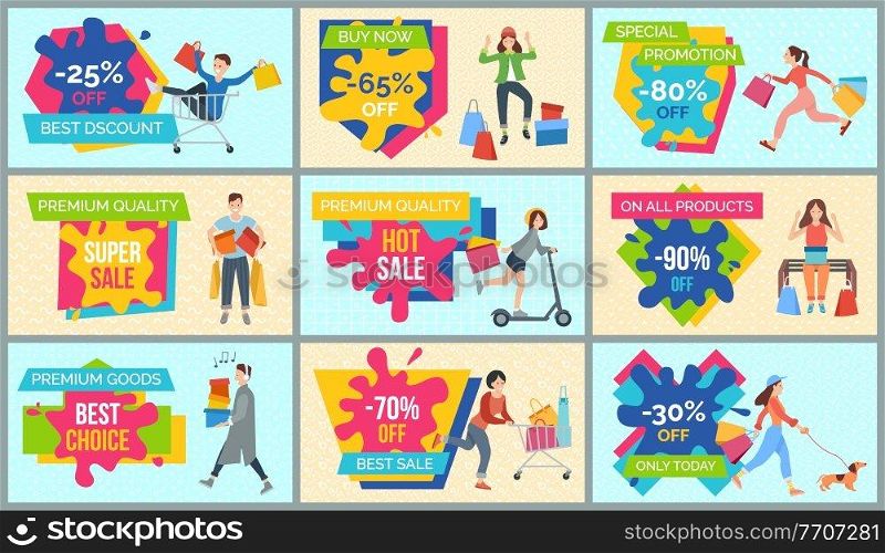 Set of illustrations on the theme of sales and qualitative clothes. People with purchases rush to the store. Girls and boys going shopping and buying goods. Advertising and marketing in the background. Set of illustrations on the theme of sales and qualitative clothes. People shopping and buying goods