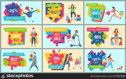 Set of illustrations on the theme of sales and qualitative clothes. People with purchases rush to the store. Girls and boys going shopping and buying goods. Advertising and marketing in the background. Set of illustrations on the theme of sales and qualitative clothes. People shopping and buying goods