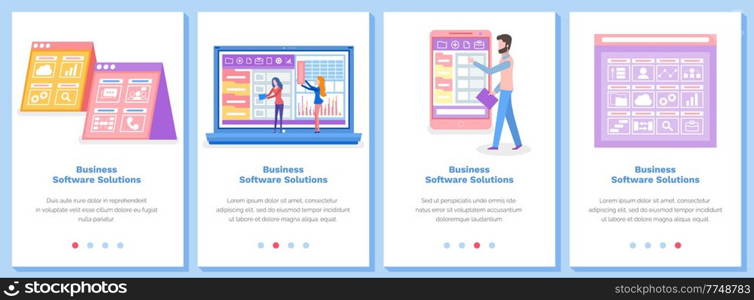 Set of illustrations on the topic of business software solutions. Website landing page template. Program for studying statistics. Business data analytics webpage mockup flat vector illustration. Set of illustrations about online business software solutions. Website landing page template