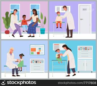 Set of illustrations on the topic of work with patients in medical office. Doctor examines children. Physician gives advice on caring for health of child. Doctor treats people using special equipment. Set of illustrations on the topic of work with patients in medical office. Doctor examines children
