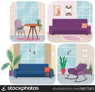 Set of illustrations on theme of interior design decoration and layout of living room. Arrangement of furniture and installation of sofa at home with various accessories in kitchen and sitting-room. Set of illustrations on theme of interior design decoration and layout of living room and kitchen