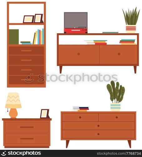 Set of illustrations on theme of storage furniture. Chests of drawers vector illustration. Wooden commodes with boxes isolated on white background. Element of interior design of living room or cabinet. Set of commode illustrations on theme of storage furniture. Chests of drawers vector illustration