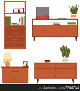 Set of illustrations on theme of storage furniture. Chests of drawers vector illustration. Wooden commodes with boxes isolated on white background. Element of interior design of living room or cabinet. Set of commode illustrations on theme of storage furniture. Chests of drawers vector illustration