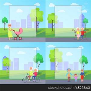 Set of Illustrations with Grandparents and Kids. Set of vector illustrations with grandparents and kids in city park on background of skyscrapers. grandma pushing pram with newborn child, riding bike