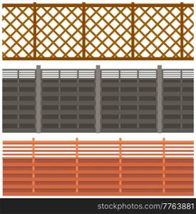 Set of illustrations with large forged fences. High concrete or metal fence with lattice. Elements of landscape and interior of outdoor territories. Site fencing isolated on white background. Set of illustrations with large forged fences. Elements of landscape of outdoor territories