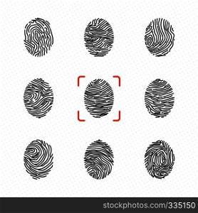 Set of individual fingerprints for personal identification. Vector illustrations. Human fingermark for personal privacy. Set of individual fingerprints for personal identification. Vector illustrations