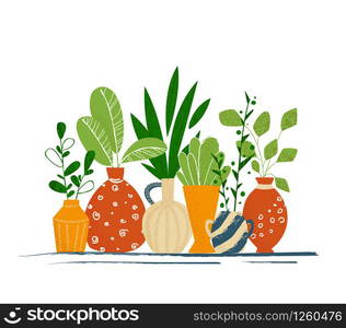 Set of Indoor garden potted plants or home flowers - isolated items on white background. Vector composition green different plants in ceramic pots, illustration of potted houseplants for card, banner. garden potted plants isolated on white