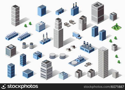 Set of industrial and residential urban industrial buildings, houses and buildings in perspective