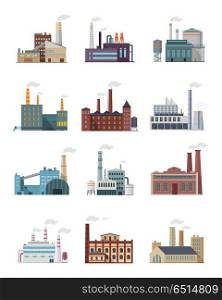 Set of Industry Manufactory Building Icons.. Set of industry manufactory building icons. Factories producing oil and gas, metals and rubber, energy and power. Destroying nature. Collection of eco friendly factories. Vector illustration