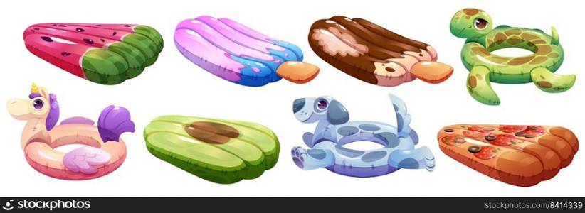 Set of inflatable mattresses and swimming rings. rubber unicorn, dog, turtle, watermelon, popsicle, avocado and pizza modern accessories collection for children and adults. Cartoon vector illustration. Set of inflatable mattresses and swimming rings