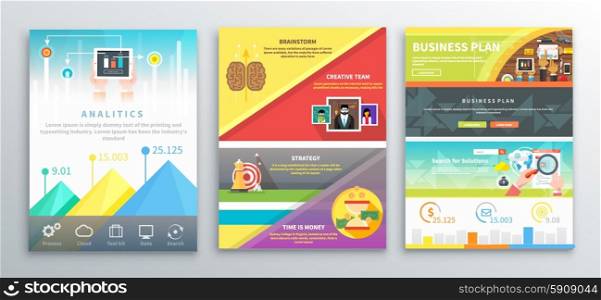 Set of infographic business brochures banners analitics, strategy, brainstorm. Modern stylized graphics for data visualization. Can be used for web banners, marketing and promotional materials, flyers, presentation templates