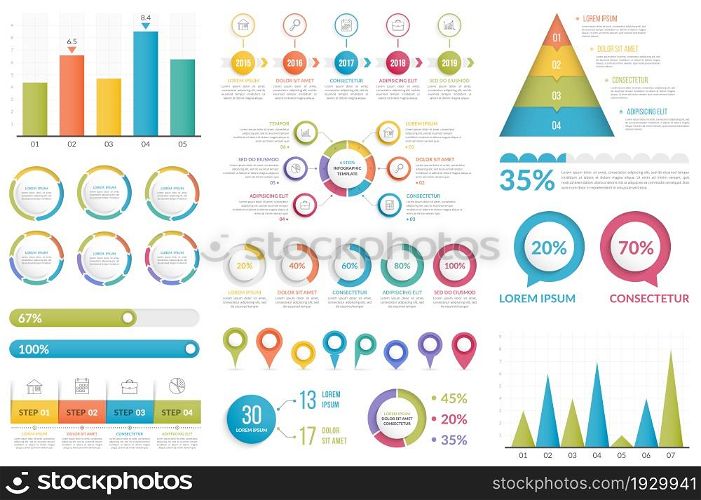 Set of infographic elements - bar chart, pyramid chart, circle diagram, timeline, steps and options, vector eps10 illustration. Infographic Elements