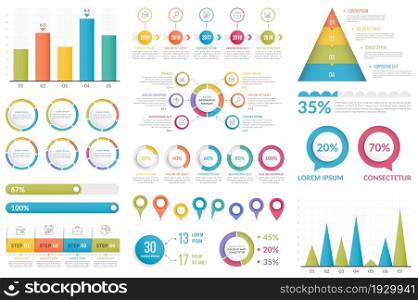 Set of infographic elements - bar chart, pyramid chart, circle diagram, timeline, steps and options, vector eps10 illustration. Infographic Elements