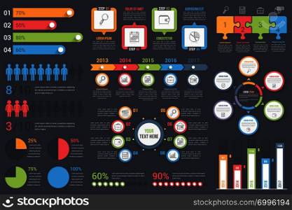 Set of infographic elements on dark background - bar graphs, human infographics, pie charts, steps and options, workflow, puzzle, percents, circle diagram, timeline, vector eps10 illustration. Infographic Elements
